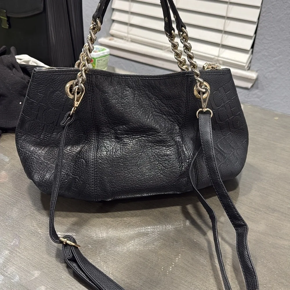 Carolina Herrera Black Monogram Embossed Leather Dahlia Hobo